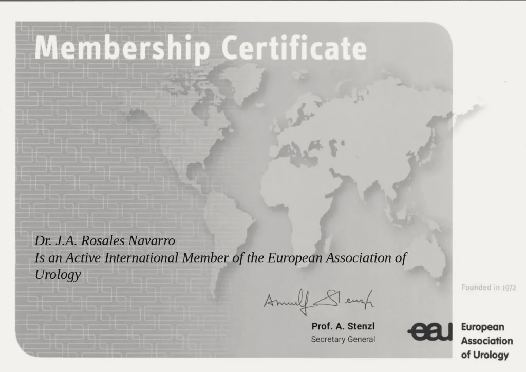 Certificado de miembro activo internacional de la Asociación Europea de Urología